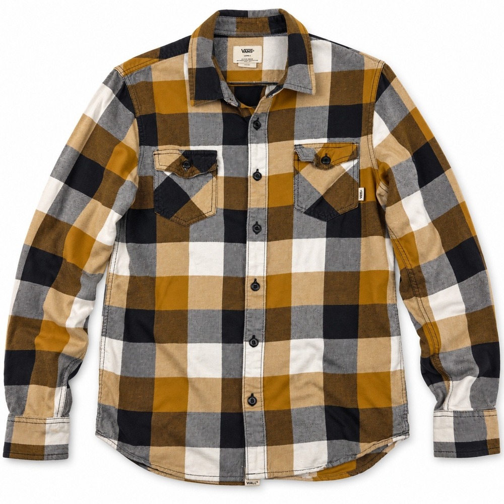 Vans Flannel Shirt Mens Small Yellow Black Plaid Long Sleeve Button Down Pockets